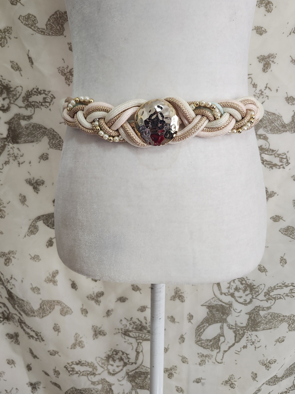 Vintage Braided Pink Cream Belt with Gold Accent